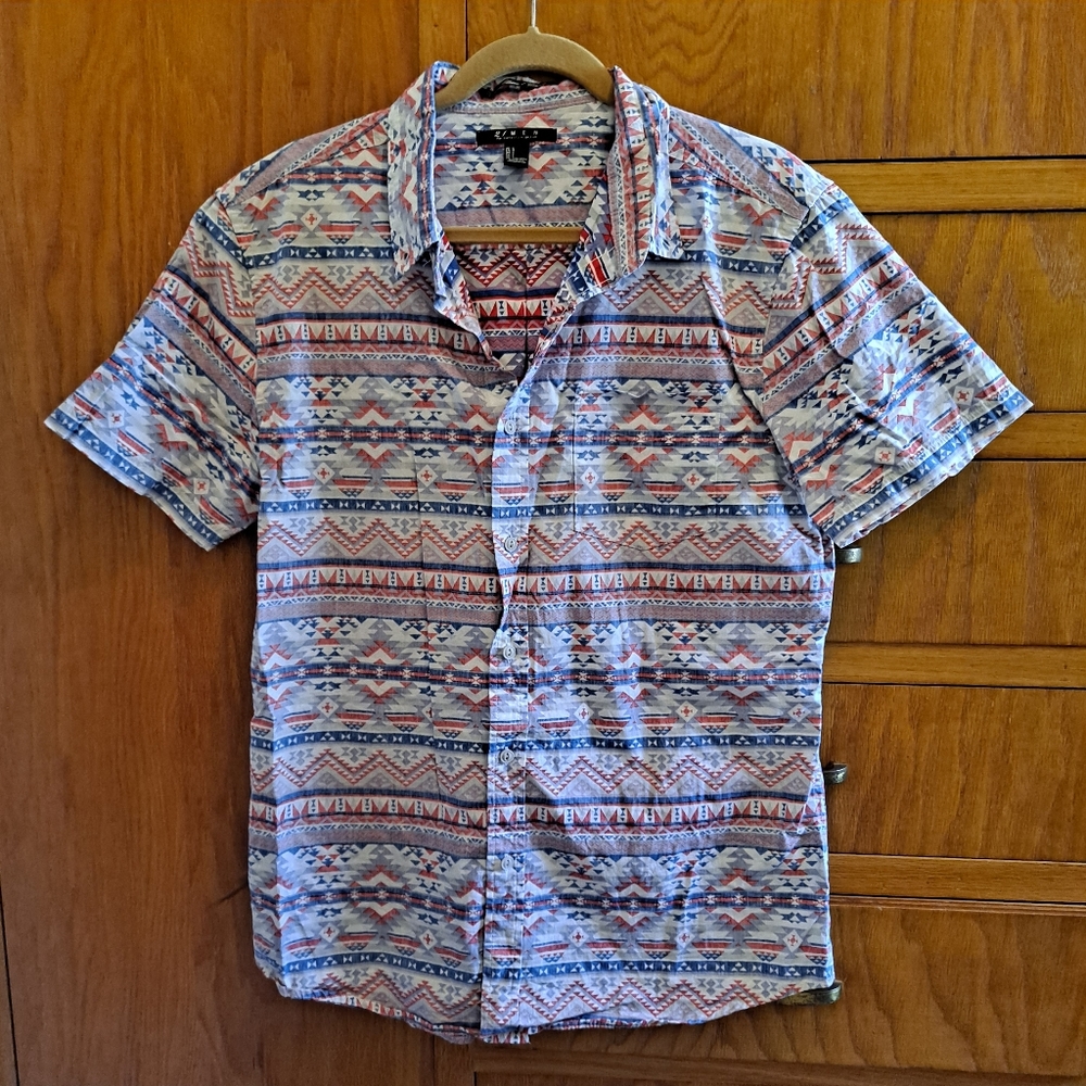 21men | Abstract Tribal Print Short Sleeve Button Up Large